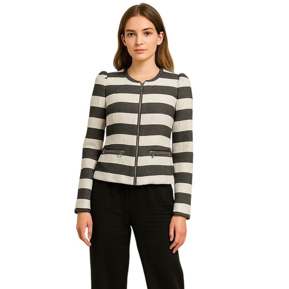 Zara Women’s Small Gray White Stripe Cotton Blazer Puff Sleeves Padded Lined - Picture 1 of 11
